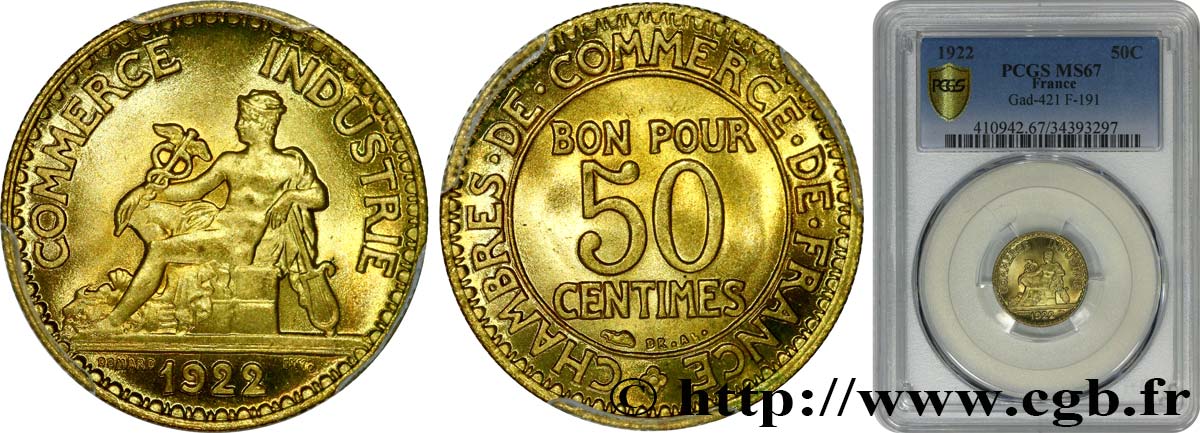 50 centimes Chambres de Commerce 1922 Paris F.191/4 FDC67 PCGS
