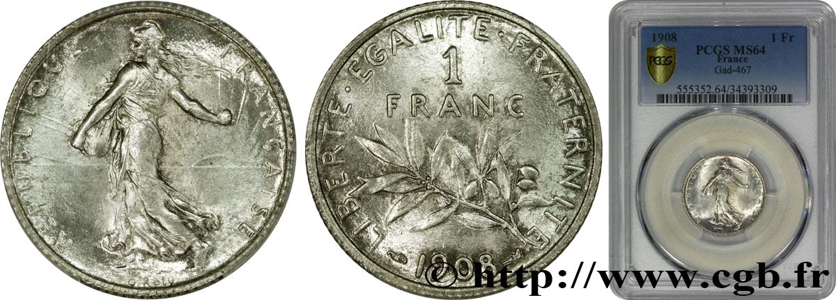 1 franc Semeuse 1908 Paris F.217/13 fST64 PCGS