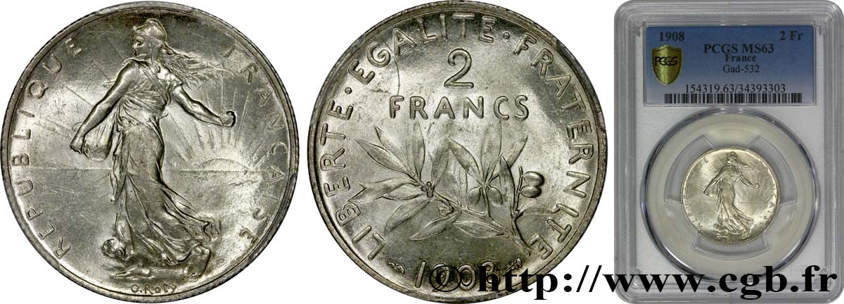 2 francs Semeuse 1908 Paris F.266/10 fST63 PCGS