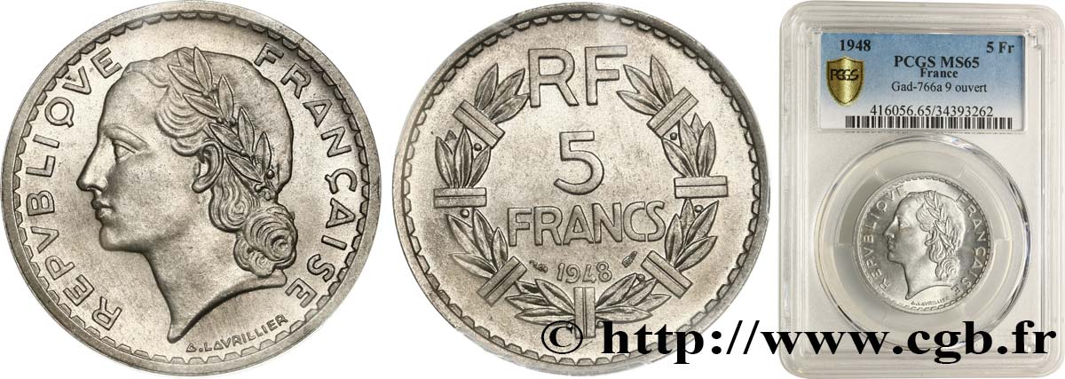 5 francs Lavrillier, aluminium, 9 ouvert 1948  F.339/13 ST65 PCGS