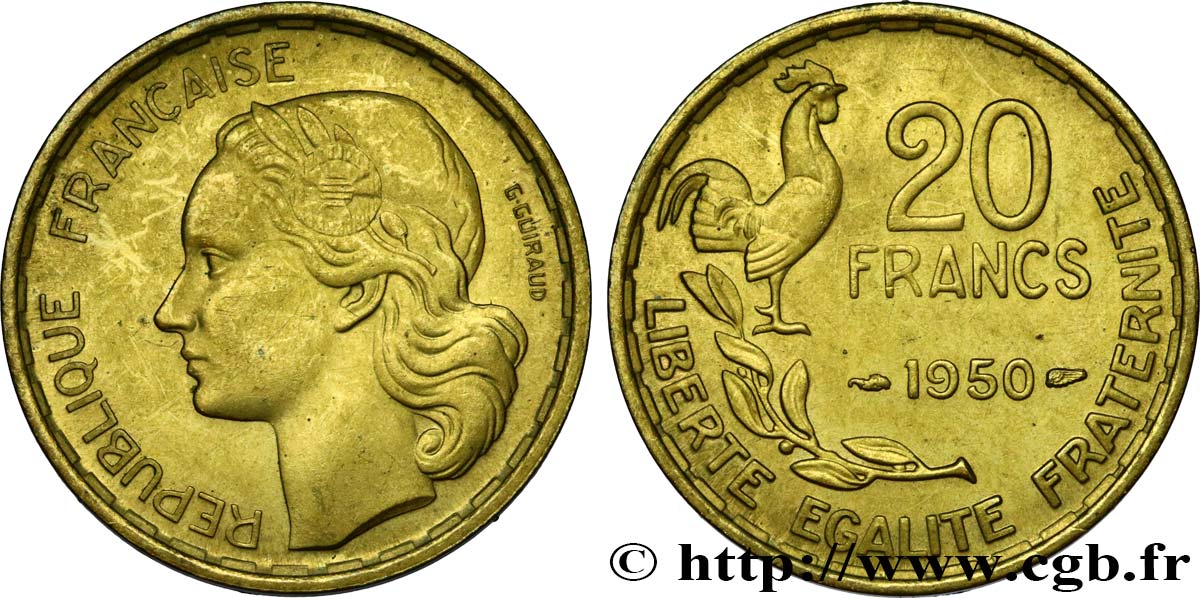 20 francs G. Guiraud, 3 faucilles 1950  F.402/2 AU58 