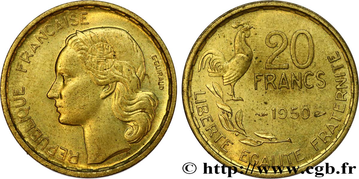 20 francs G. Guiraud, 4 faucilles 1950  F.402/3 AU55 