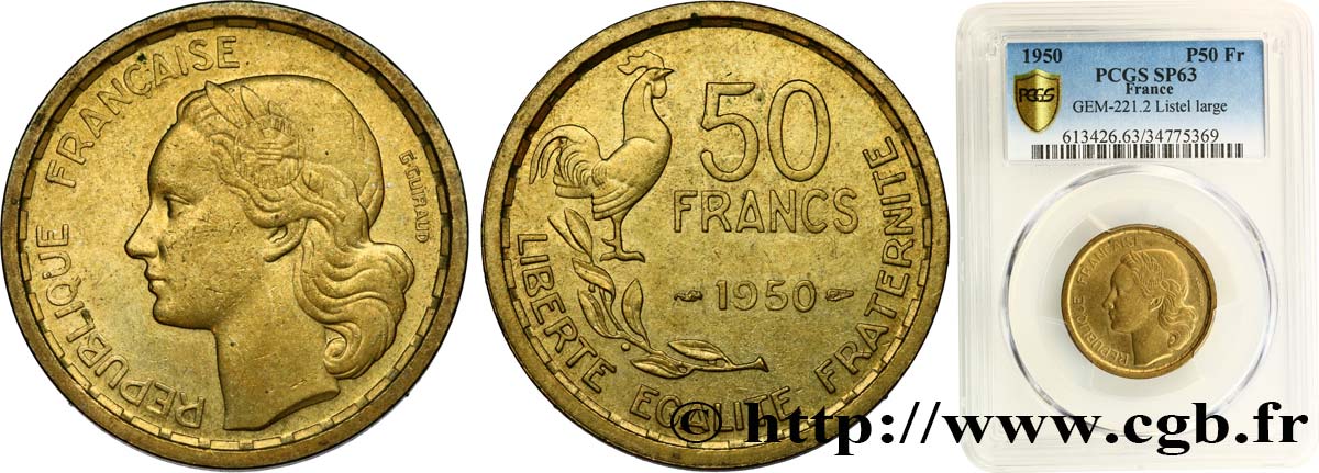 Pré-série 50 francs Guiraud, sans le mot “essai” avec listel large 1950  F.425/2 MS63 PCGS