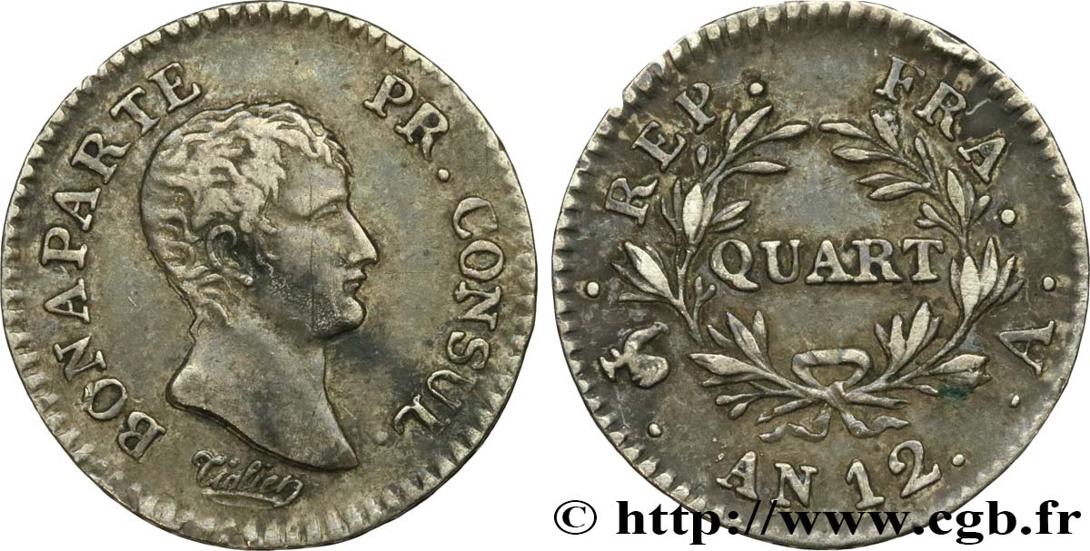 Quart (de franc) Bonaparte Premier Consul 1804 Paris F.157/1 TTB50 