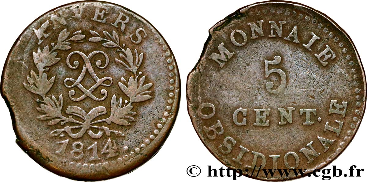 5 cent. Anvers au double L, frappe de l’arsenal de la marine 1814  Anvers F.115E/1 TB20 