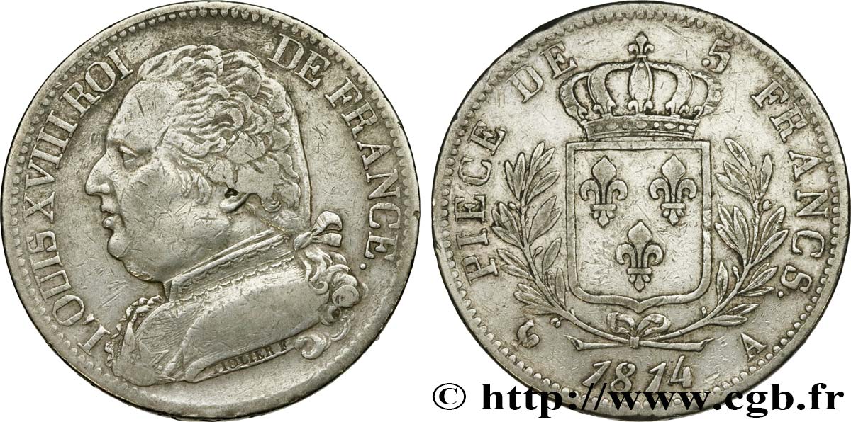 5 francs Louis XVIII, buste habillé 1814 Paris F.308/1 MBC 
