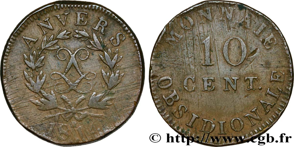 10 cent. Anvers au double L, frappe de l’atelier de Wolschot 1814  Anvers F.130C/2 BC25 