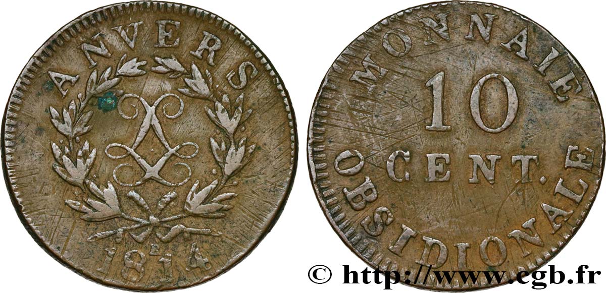 10 cent. Anvers au double L, frappe de l’atelier de Wolschot 1814  Anvers F.130C/2 BC35 