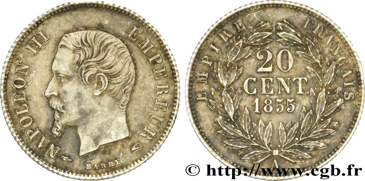 20 centimes Napoléon III, tête nue 1855 Paris F.148/3 XF48 