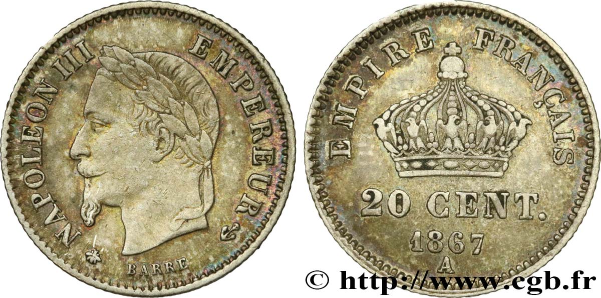 20 centimes Napoléon III, tête laurée, grand module 1867 Paris F.150/1 MBC48 
