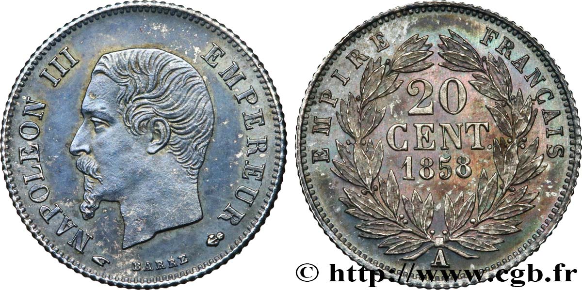 20 centimes Napoléon III, tête nue 1858 Paris F.148/10 VZ60 