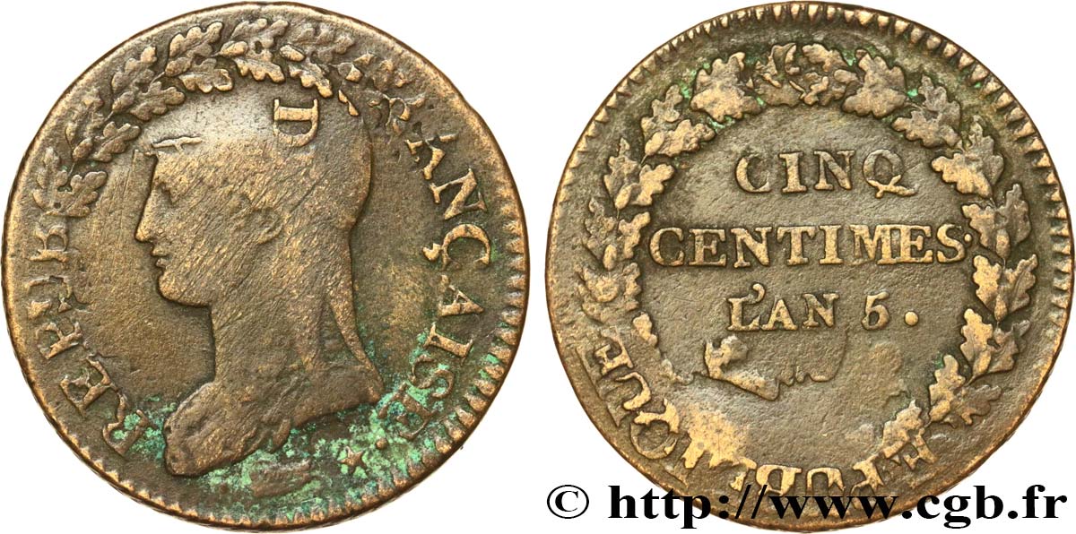 Cinq centimes Dupré, grand module,  refrappage  du décime 1797 Limoges F.114/8 BC25 