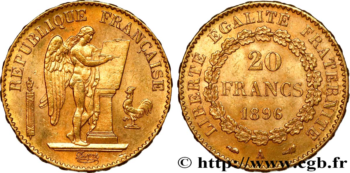 20 francs or Génie, Troisième République, différent torche 1896 Paris F.533/21 EBC55 