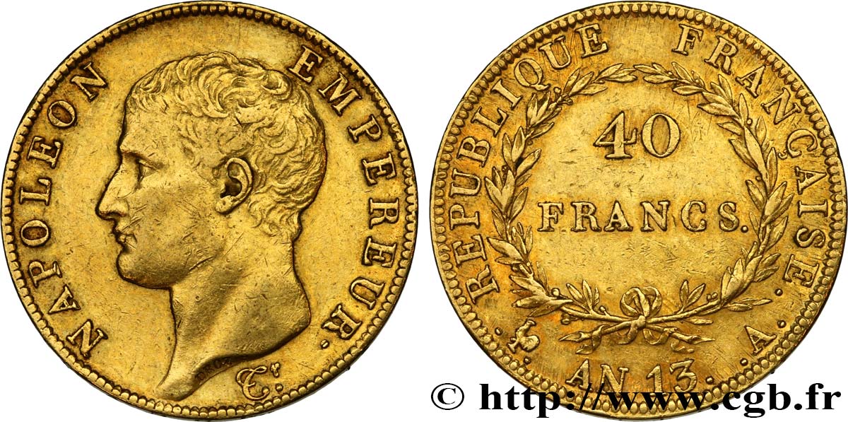 40 francs or Napoléon tête nue, Calendrier révolutionnaire 1805 Paris F.537/1 XF48 