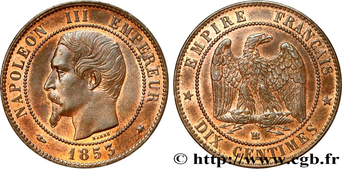 Dix centimes Napoléon III, tête nue 1853 Strasbourg F.133/4 SUP60 