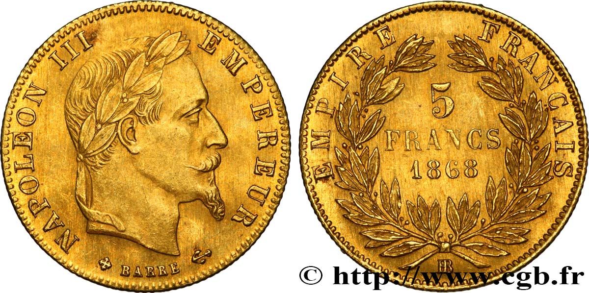 5 francs or Napoléon III, tête laurée 1868 Strasbourg F.502/14 MS62 