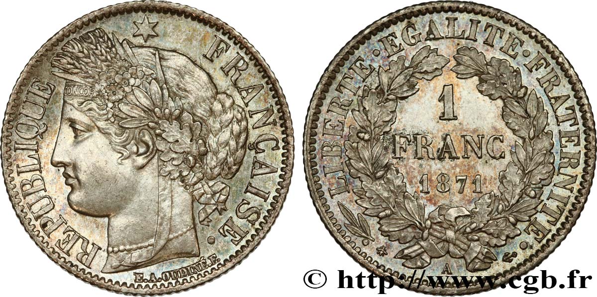 1 franc Cérès, Troisième République, petit A 1871 Paris F.216/2 SUP62 