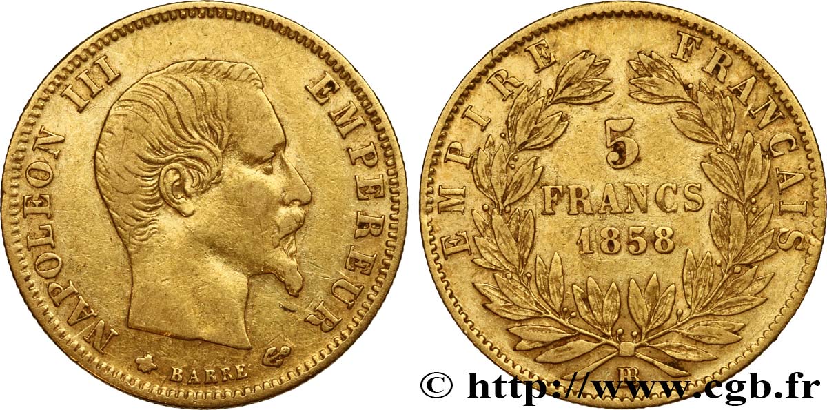 5 francs or Napoléon III, tête nue, grand module 1858 Strasbourg F.501/6 TTB40 
