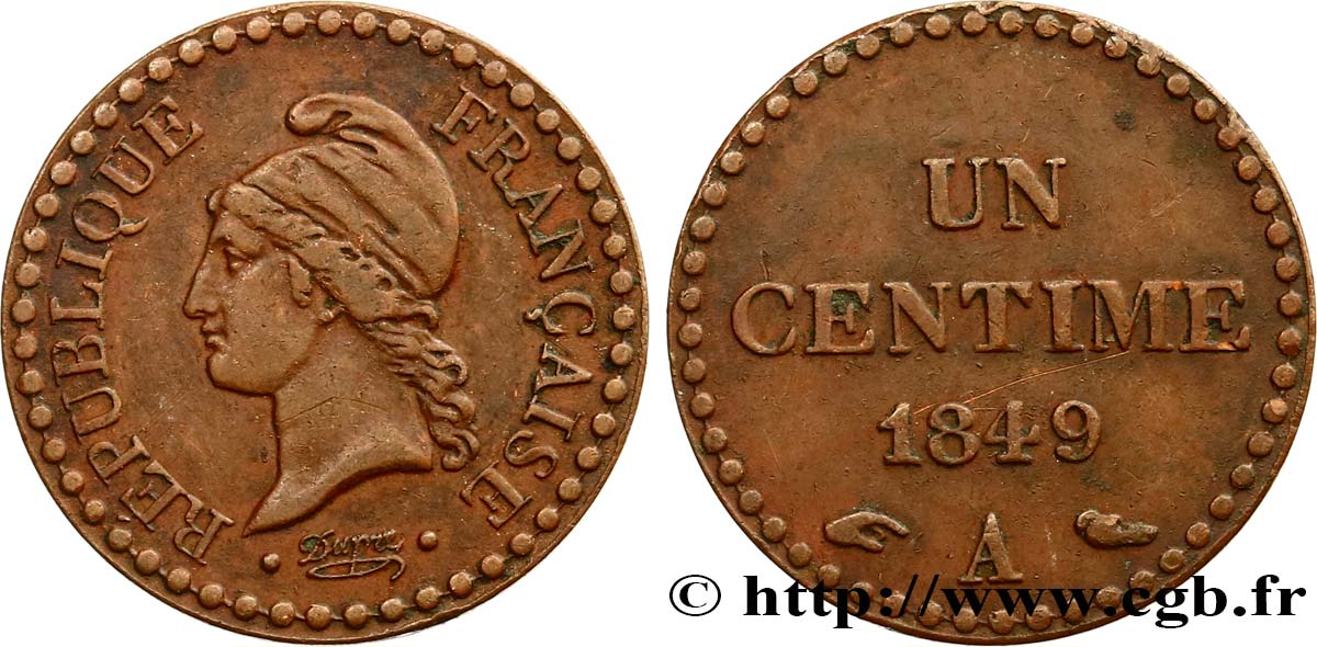 Un centime Dupré, IIe République 1849 Paris F.101/2 XF45 