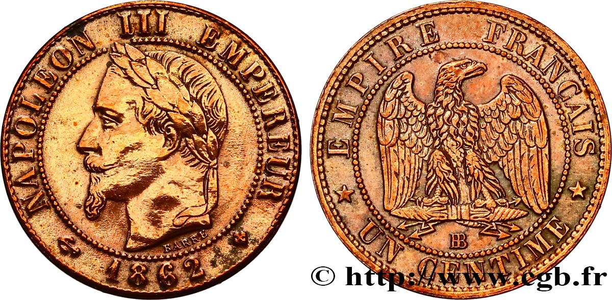 Un centime Napoléon III, tête laurée 1862 Strasbourg F.103/5 MBC+ 