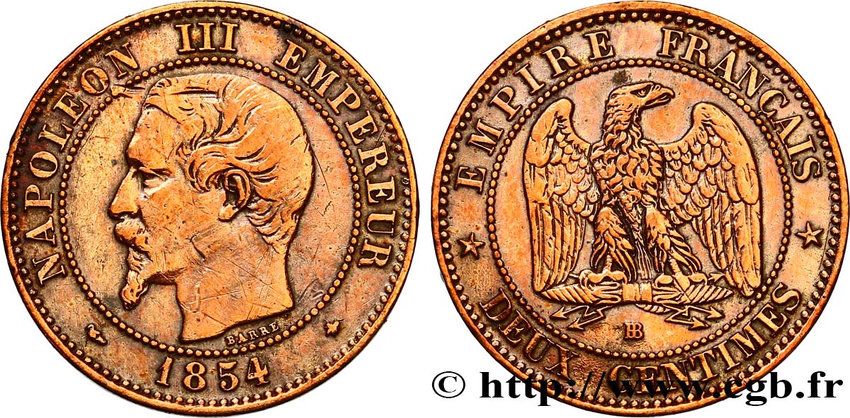 Deux centimes Napoléon III, tête nue 1854 Strasbourg F.107/11 TTB 