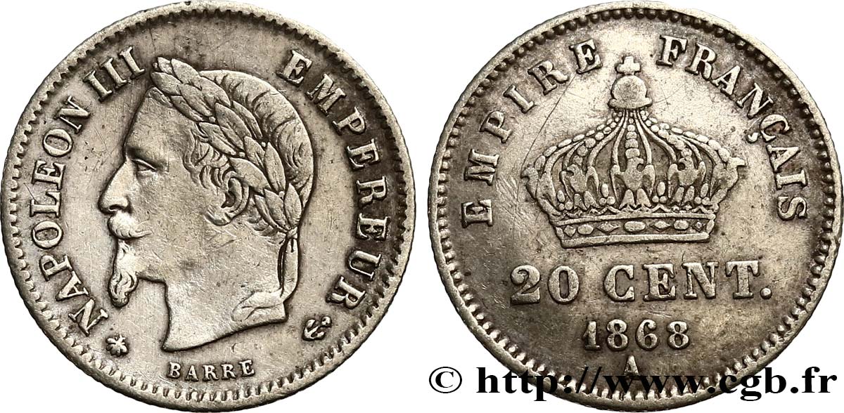 20 centimes Napoléon III, tête laurée, grand module 1868 Paris F.150/4 TB35 