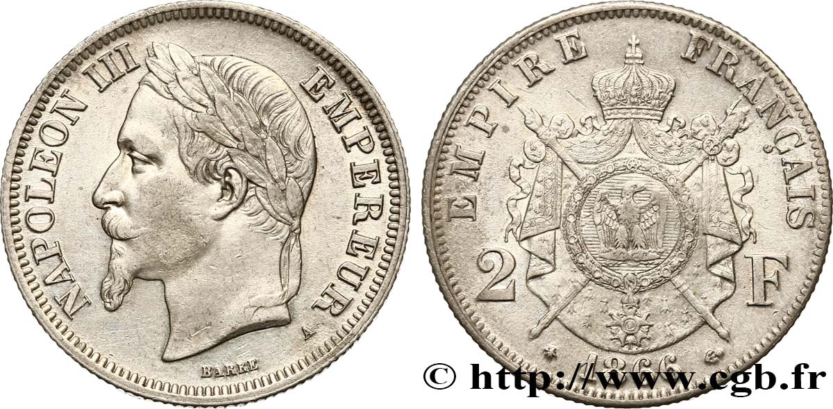 2 francs Napoléon III, tête laurée 1866 Paris F.263/2 XF48 