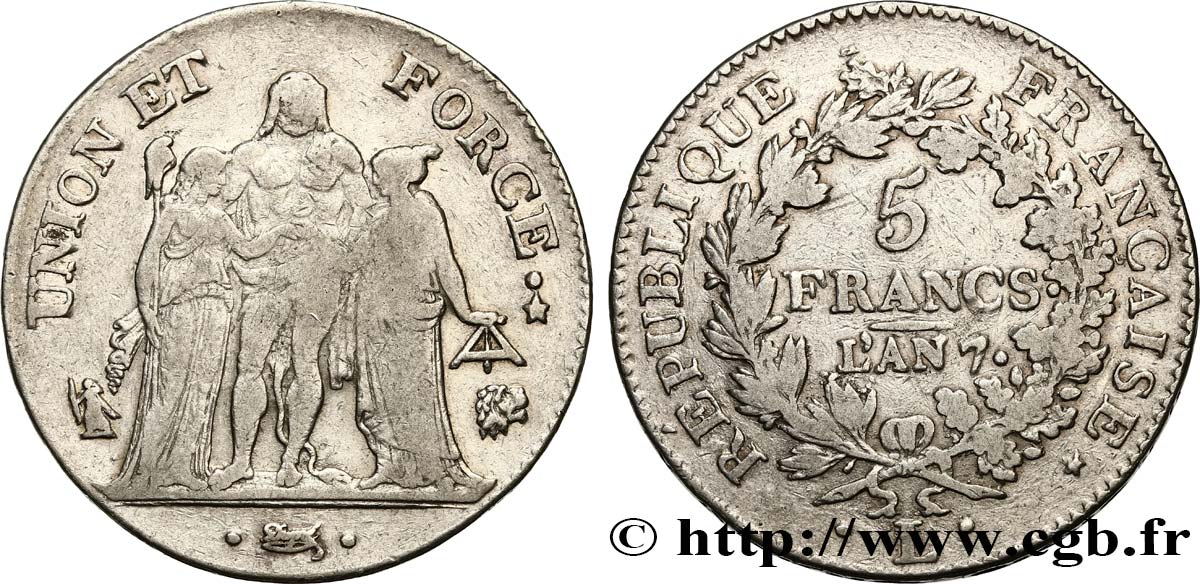 5 francs Union et Force, Union serré, seulement gland extérieur, petite feuille 1799 Bayonne F.288/113 MB25 
