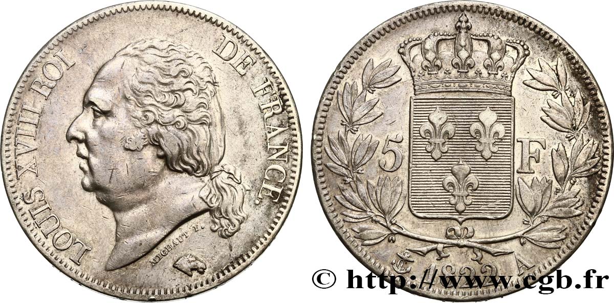 5 francs Louis XVIII, tête nue 1822 Paris F.309/68 XF48 