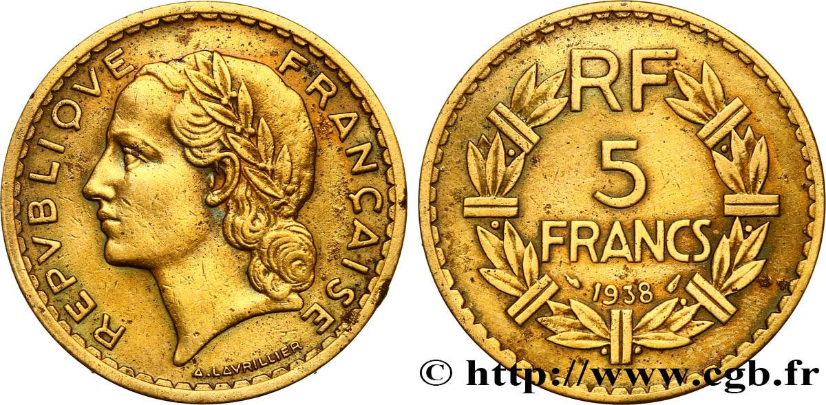5 francs Lavrillier, bronze-aluminium 1938  F.337/1 TB 