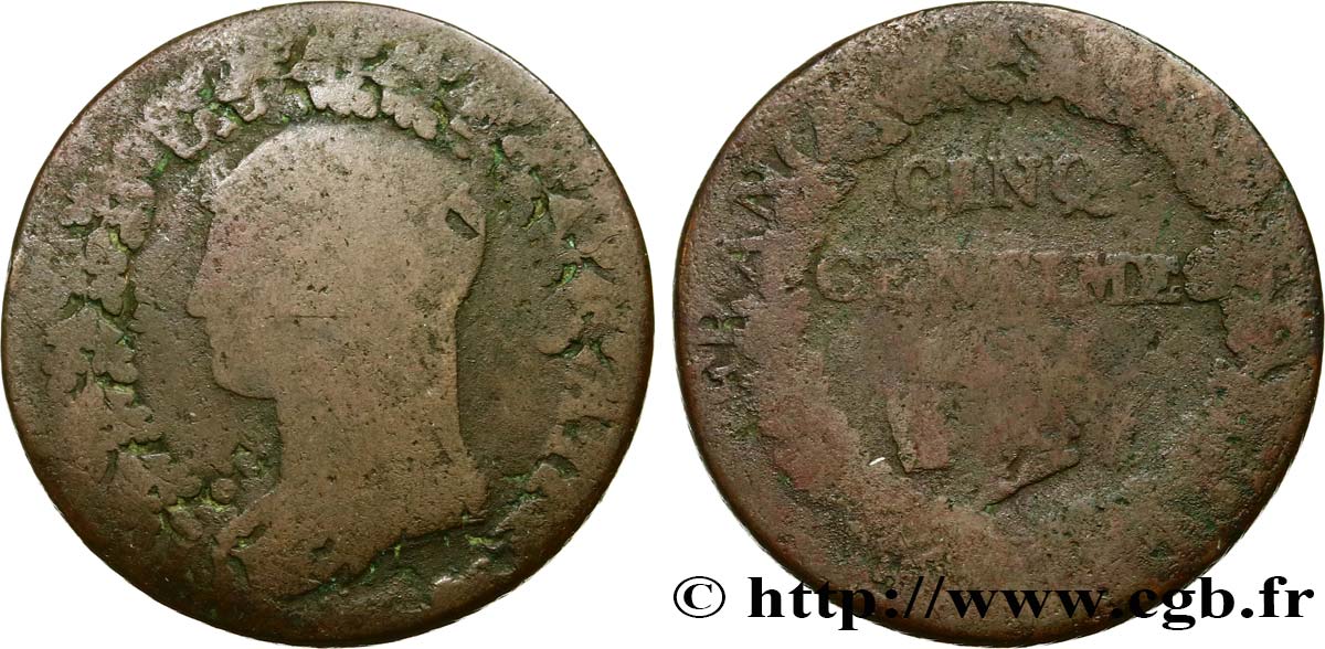 Cinq centimes Dupré, grand module,  refrappage  du décime n.d. s.l. F.114/- B 