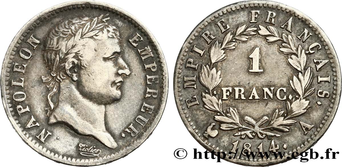 1 franc Napoléon Ier tête laurée, Empire français 1814 Paris F.205/74 TTB40 