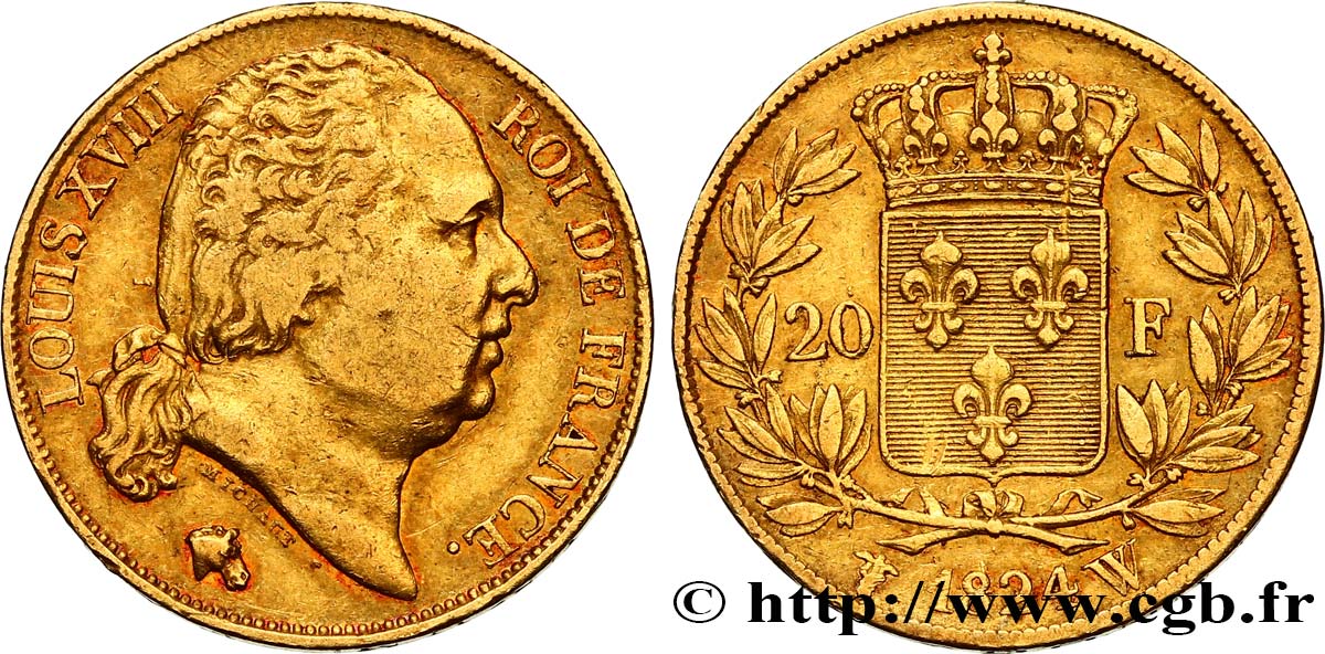 20 francs or Louis XVIII, tête nue 1824 Lille F.519/34 MBC42 