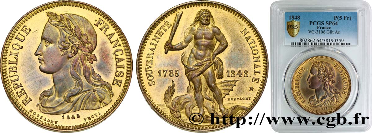 Essai de Montagny, au module de la pièce de 5 francs en bronze doré 1848 Paris VG.3106 var. SC64 PCGS