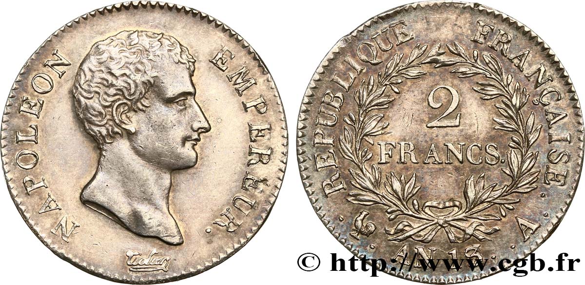 2 francs Napoléon Empereur, Calendrier révolutionnaire 1805 Paris F.251/11 SPL55 