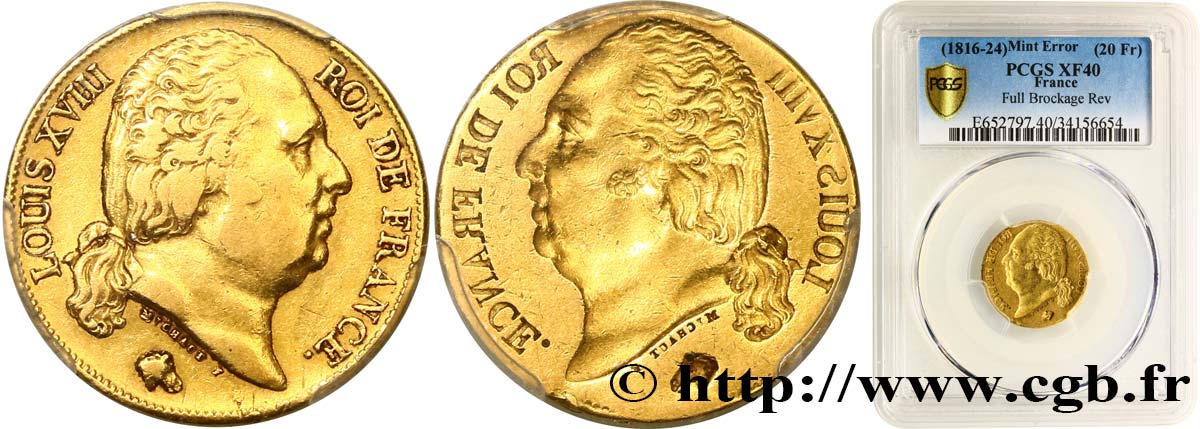 20 francs or Louis XVIII, tête nue, Incuse n.d. s.l. F.519/- SS40 PCGS