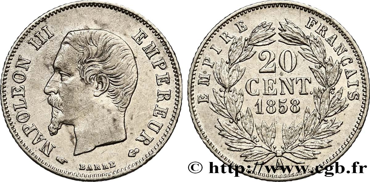 20 centimes Napoléon III, tête nue 1858 Paris F.148/10 q.SPL 