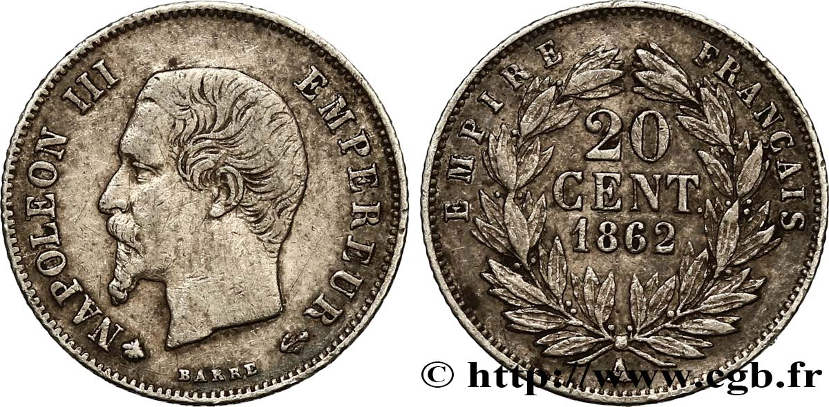 20 centimes Napoléon III, tête nue 1862 Paris F.148/17 VF35 