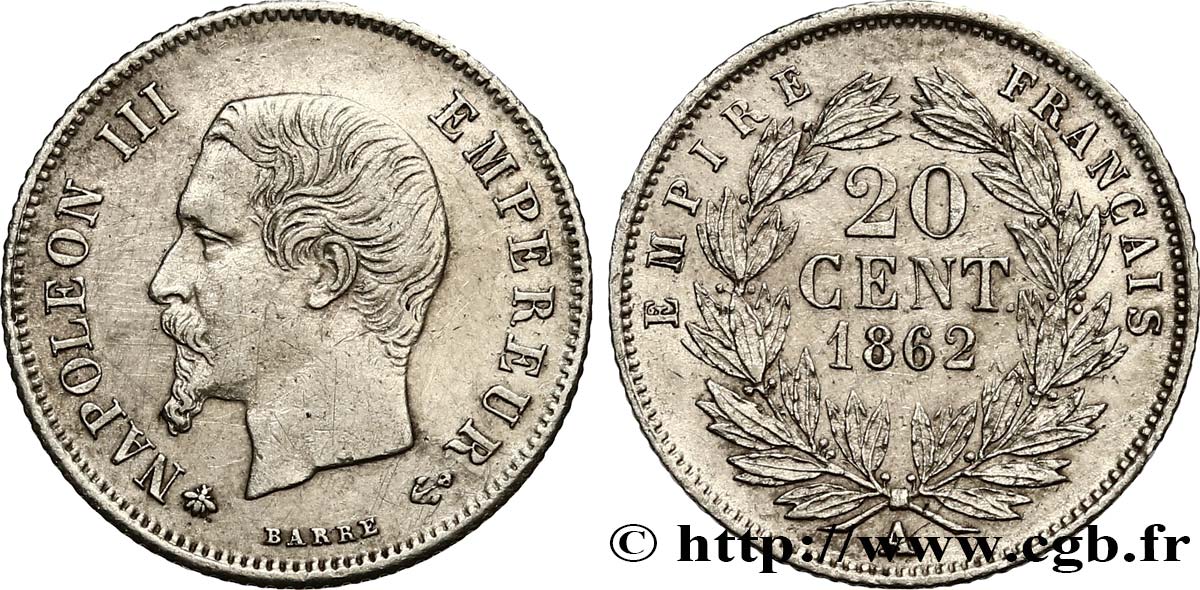 20 centimes Napoléon III, tête nue 1862 Paris F.148/17 XF 