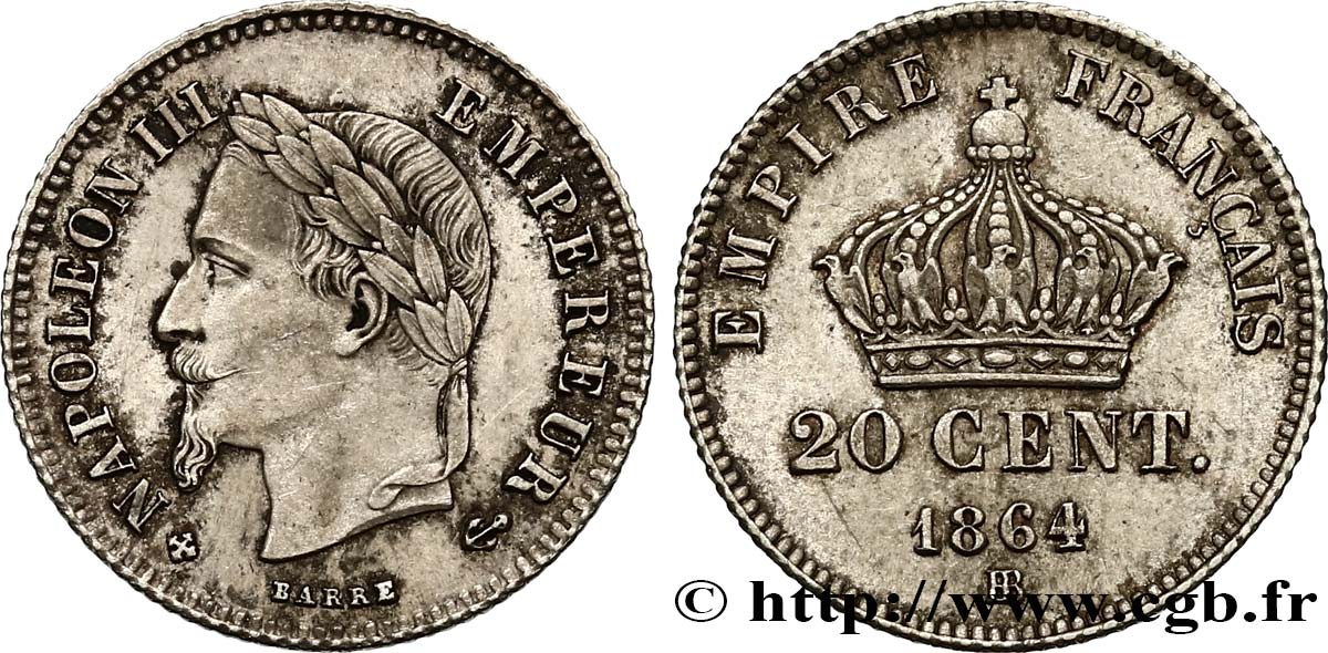 20 centimes Napoléon III, tête laurée, petit module 1864 Strasbourg F.149/2 EBC55 
