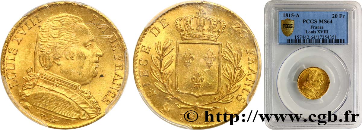 20 francs or Louis XVIII, buste habillé 1815 Paris F.517/10 SPL64 PCGS