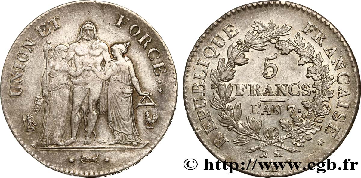 5 francs Union et Force, Union serré, seulement gland extérieur 1799 Paris F.288/98 SUP55 