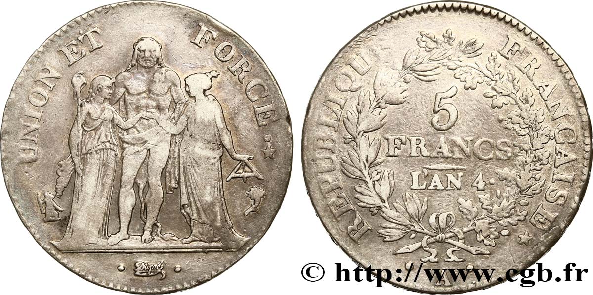 5 francs Union et Force, Union serré, avec glands intérieurs et gland extérieur 1796 Paris F.288/1 MBC50 