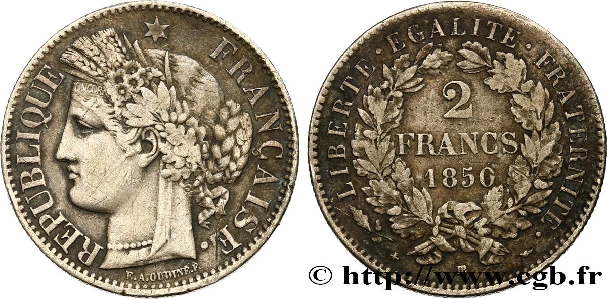 2 francs Cérès, IIe République 1850  Strasbourg F.261/5 BC25 