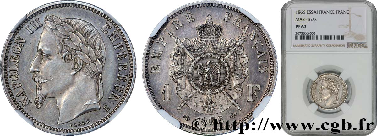 Essai de 1 franc Napoléon III, tête laurée par Barre, Flan Bruni 1866 Paris Maz.1672  VZ62 NGC