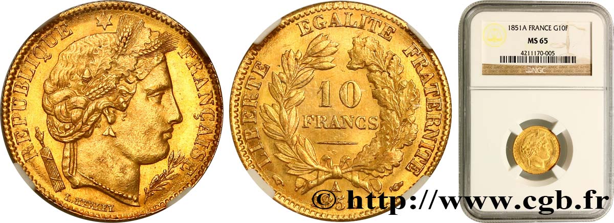 10 francs or Cérès, IIe République 1851 Paris F.504/3 FDC65 NGC