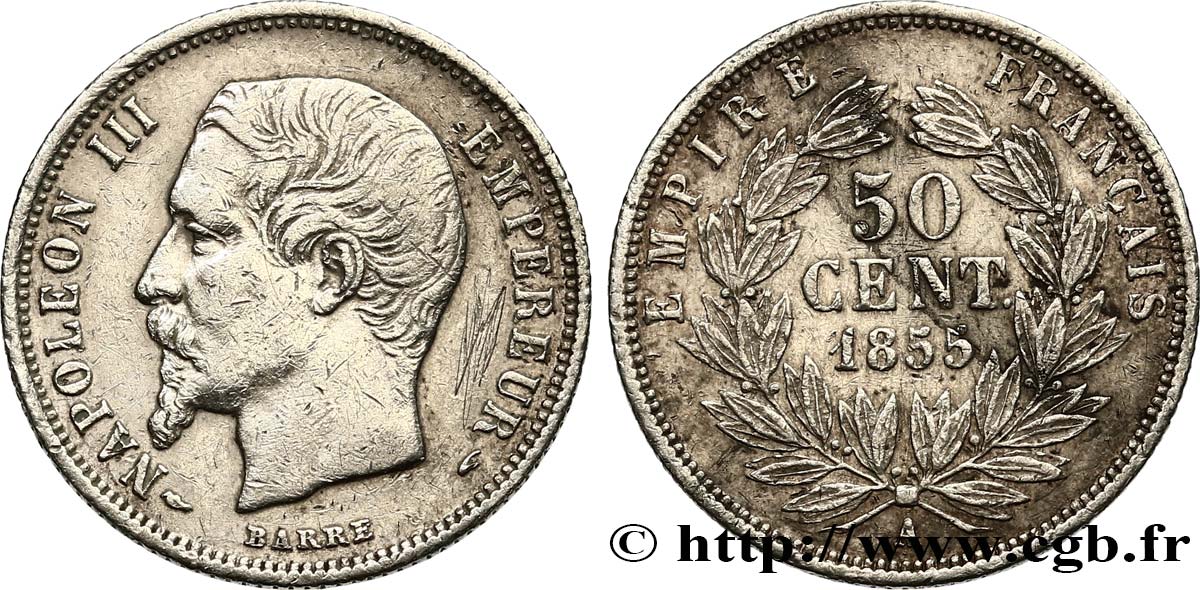 50 centimes Napoléon III, tête nue 1855 Paris F.187/3 XF 