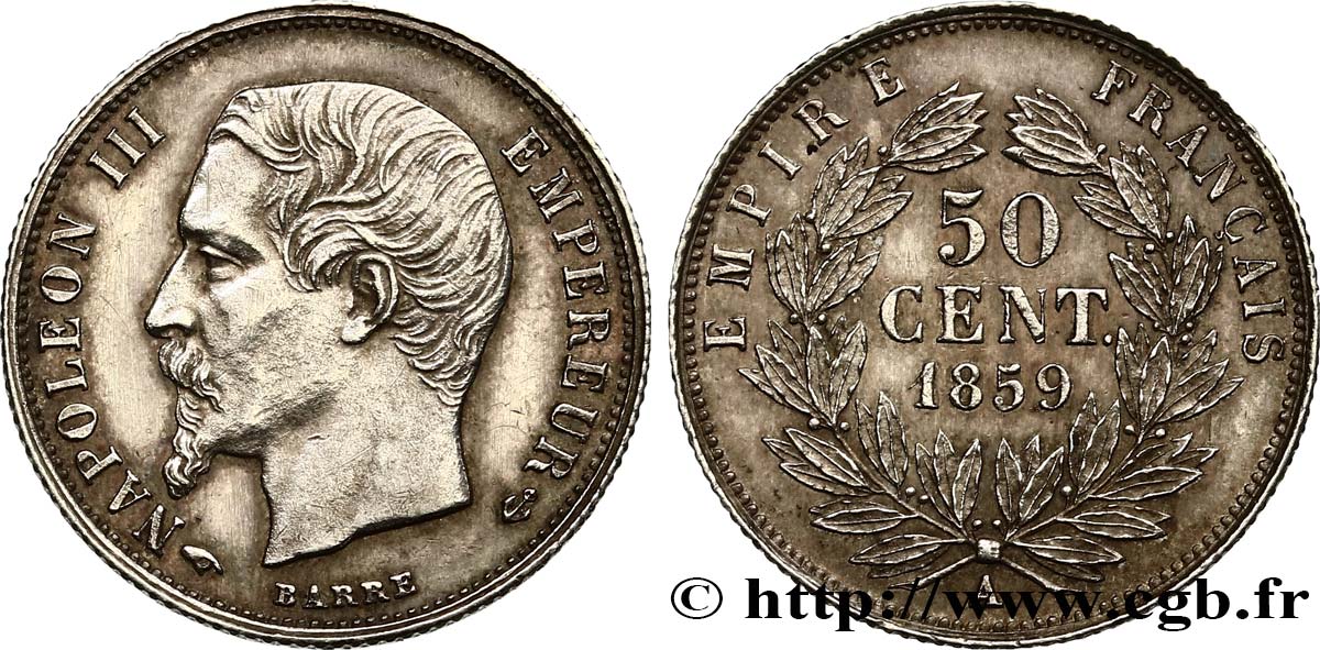 50 centimes Napoléon III, tête nue 1859 Paris F.187/10 EBC+ 