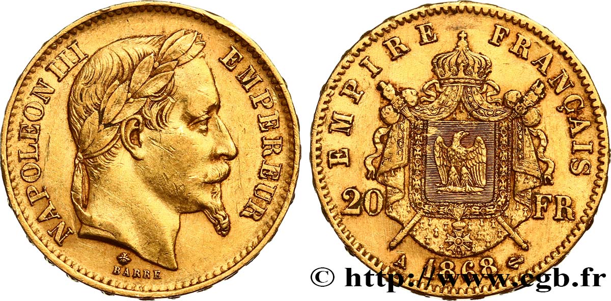 20 francs or Napoléon III, tête laurée 1868 Paris F.532/18 SS45 