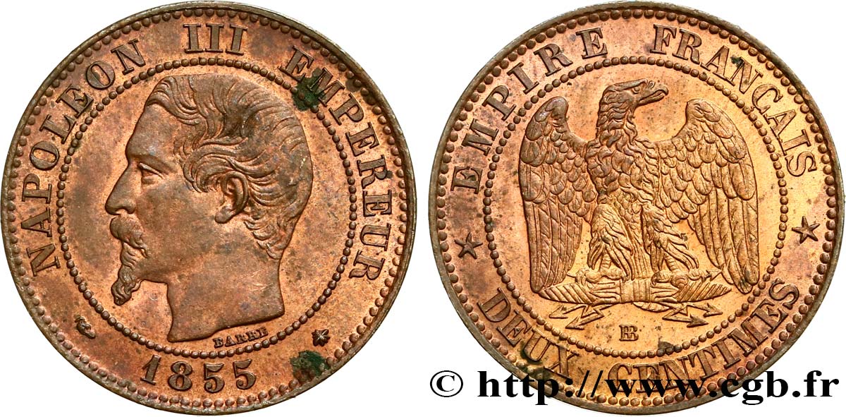 Deux centimes Napoléon III, tête nue 1855 Strasbourg F.107/23 SPL60 